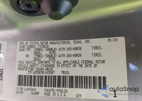 2024 Toyota Tundra Limited 4Wd z USA, uszkodzony, nr VIN 5TFJA5DB3RX165507